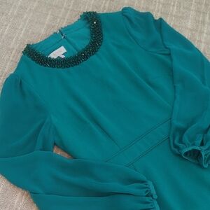 Elegant Green Dress with Beaded Neckline